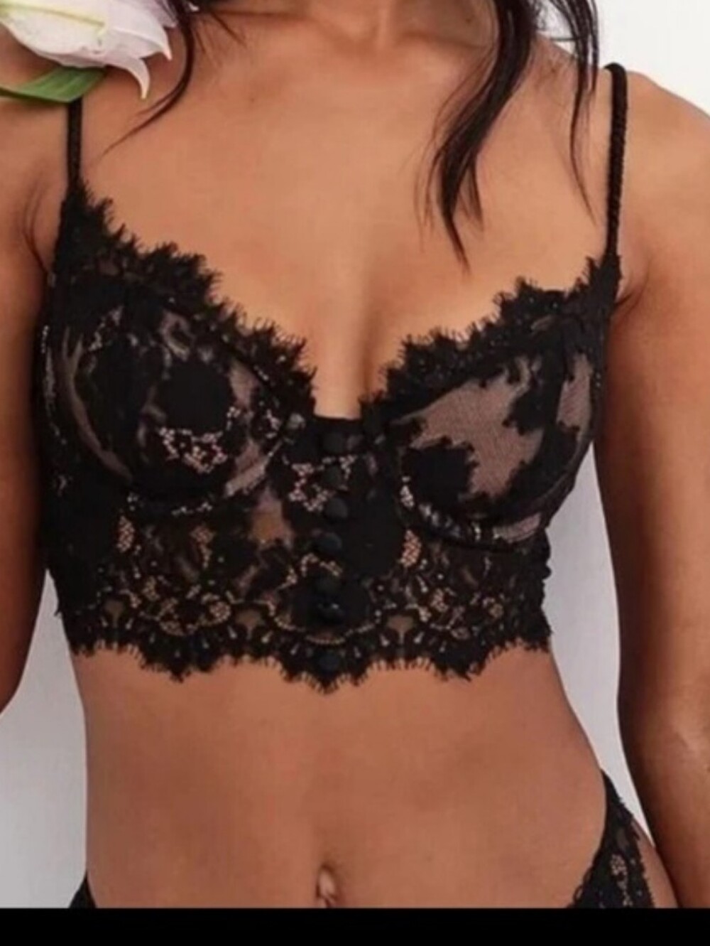 For Love And Lemons Black Underwire Chantilly Eyelash Lace Bra XS Button Panel